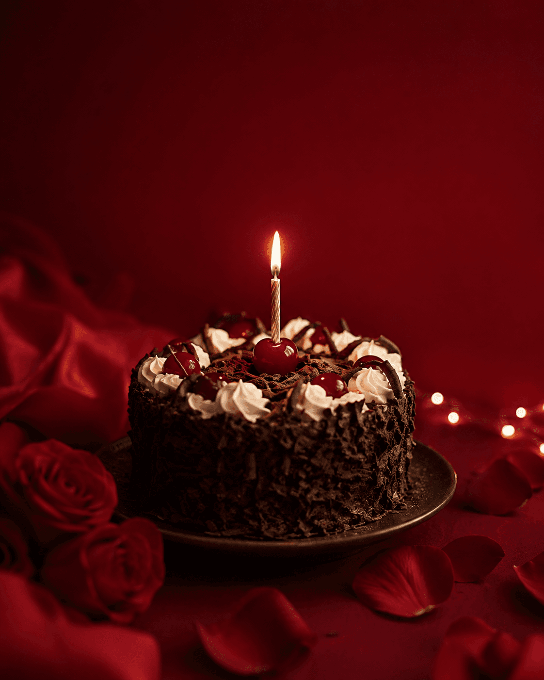 Romantic Black Forest birthday cake with one candle on a red background, symbolizing everlasting love for a fiancée