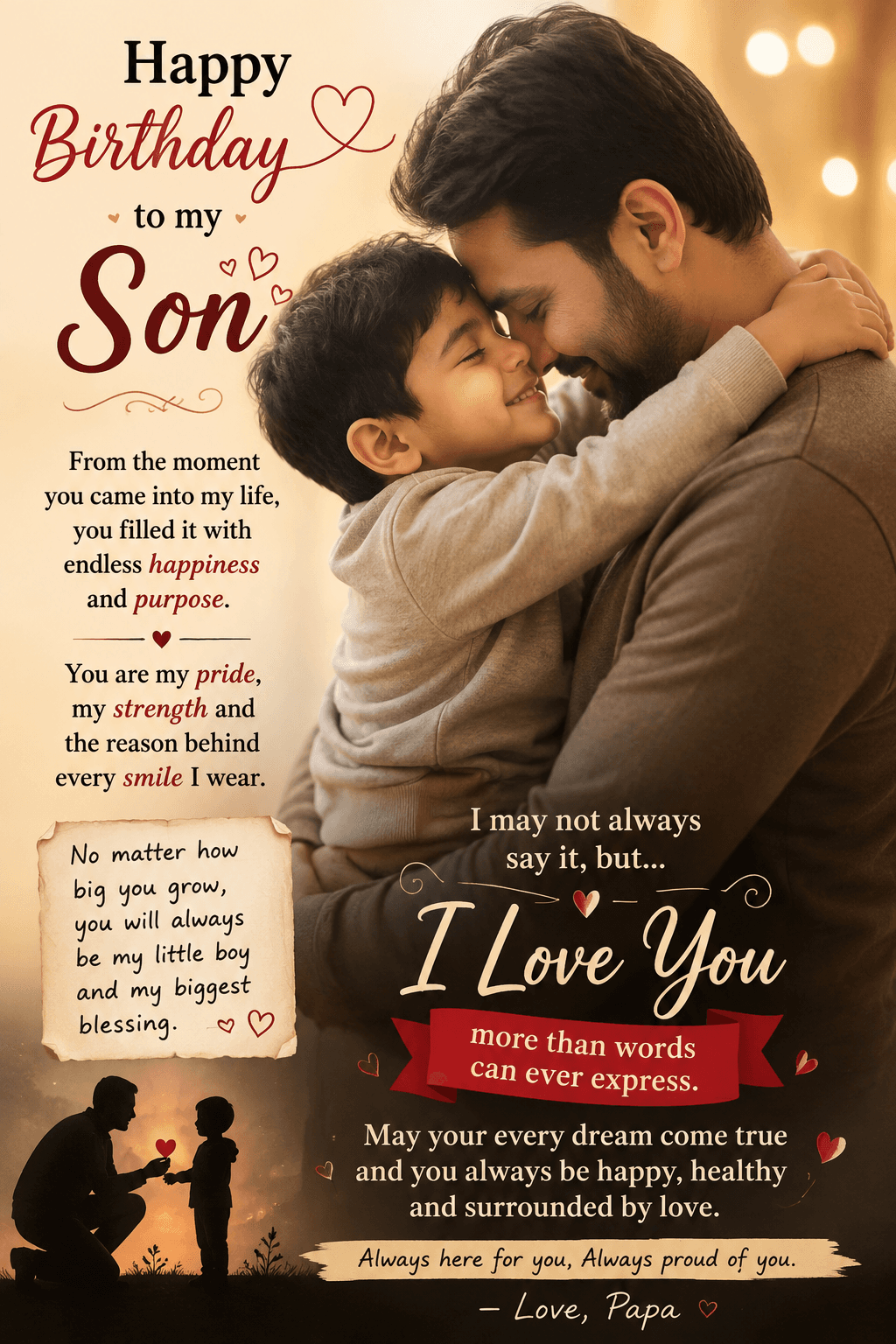 Heartfelt happy birthday image from a father to his son expressing unconditional love, pride, and everlasting support
