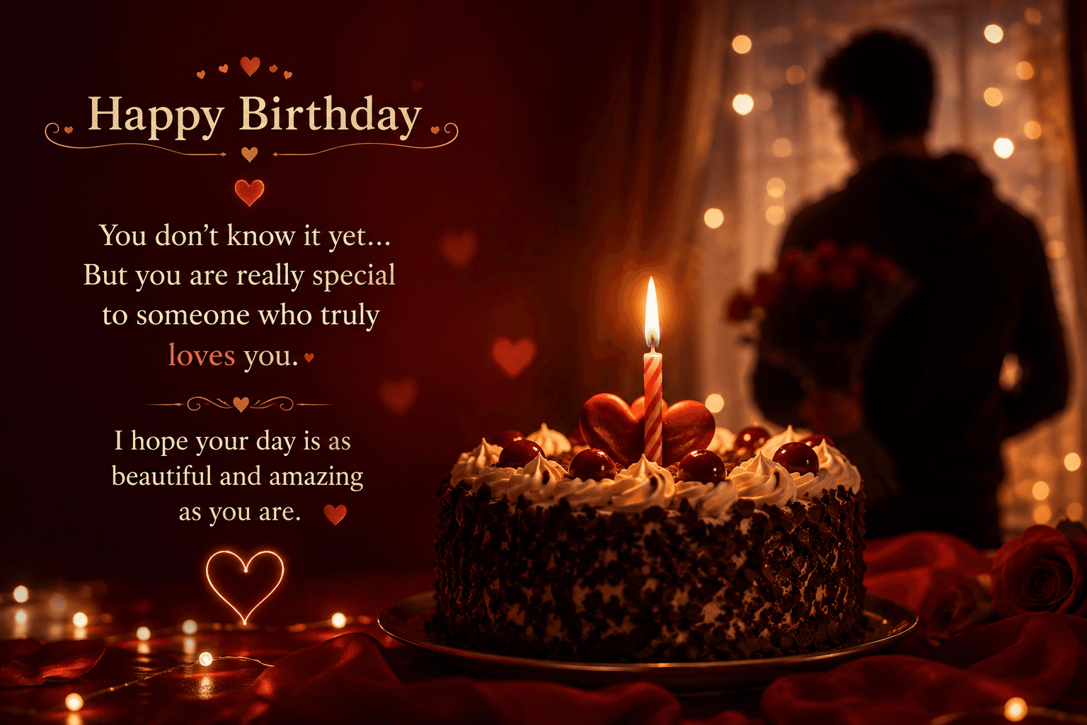 Romantic happy birthday image for a special girl with chocolate cake, candlelight, roses, hearts, and a secret love message
