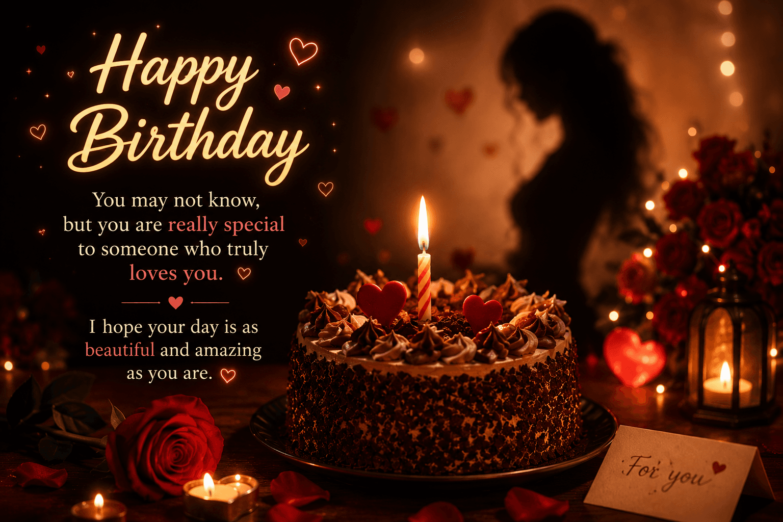 Romantic happy birthday image with chocolate cake, single candle, red roses, hearts, and an unspoken love message for someone special