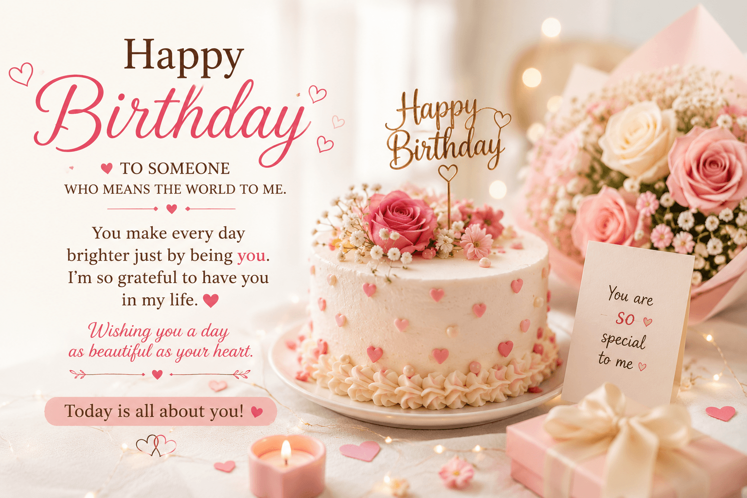 Light romantic happy birthday image with pastel cake, roses, hearts, fairy lights, and a heartfelt birthday message for someone special