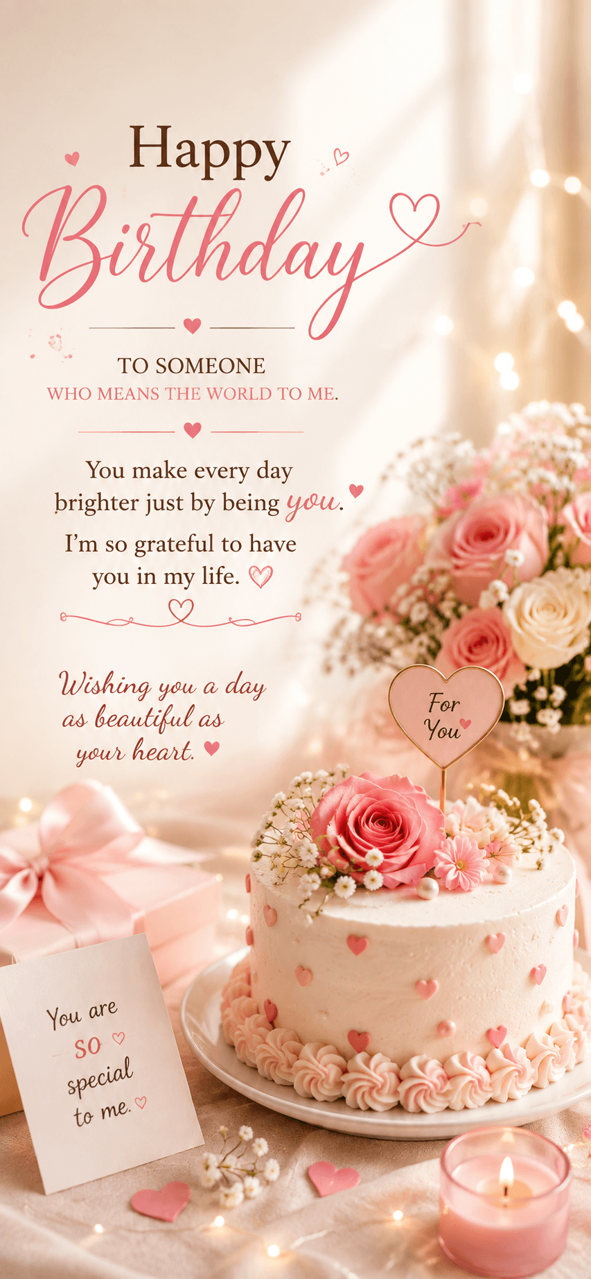 Vertical romantic happy birthday image for iPhone with pastel cake, roses, hearts, gift box, candlelight, and love message