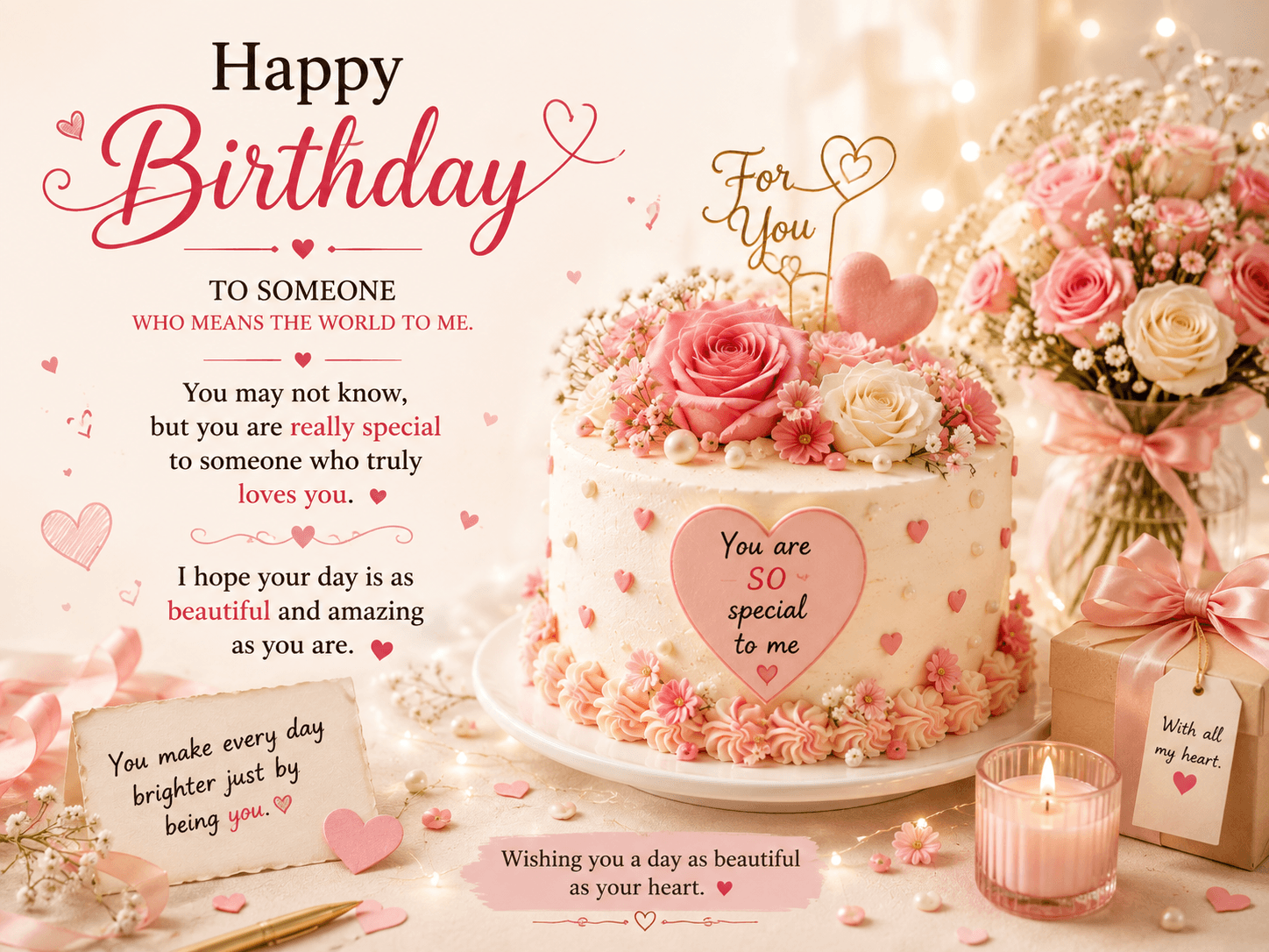 Romantic happy birthday image for tablet with pastel birthday cake, pink roses, hearts, gift box, candlelight, and a heartfelt love message