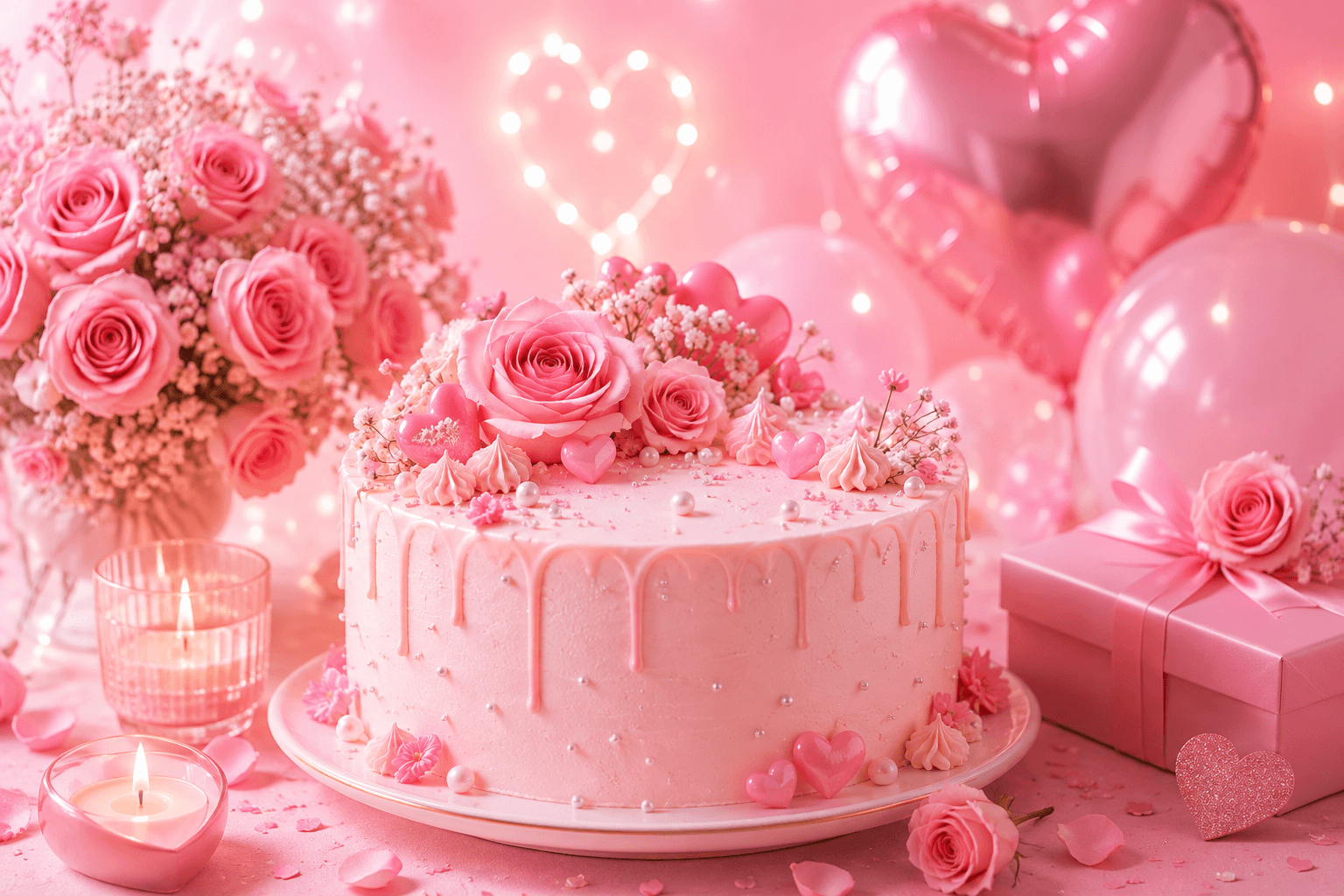 Beautiful pink romantic birthday cake with roses, hearts, candles, balloons, flowers, and gift box in a soft pastel setting