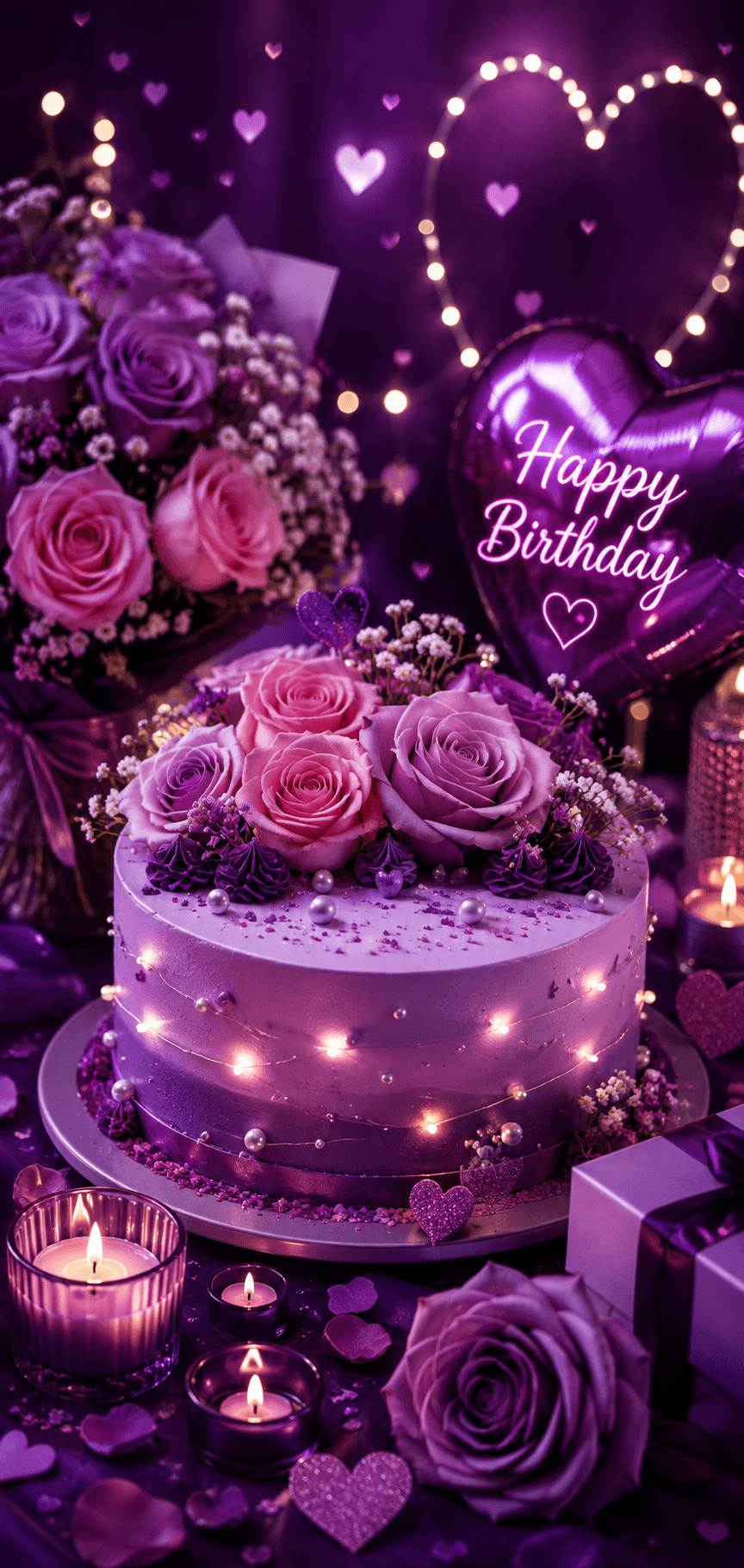 Violet romantic birthday cake with purple roses, pink flowers, glowing hearts, candles, fairy lights, balloons, and gifts on a mobile-sized image