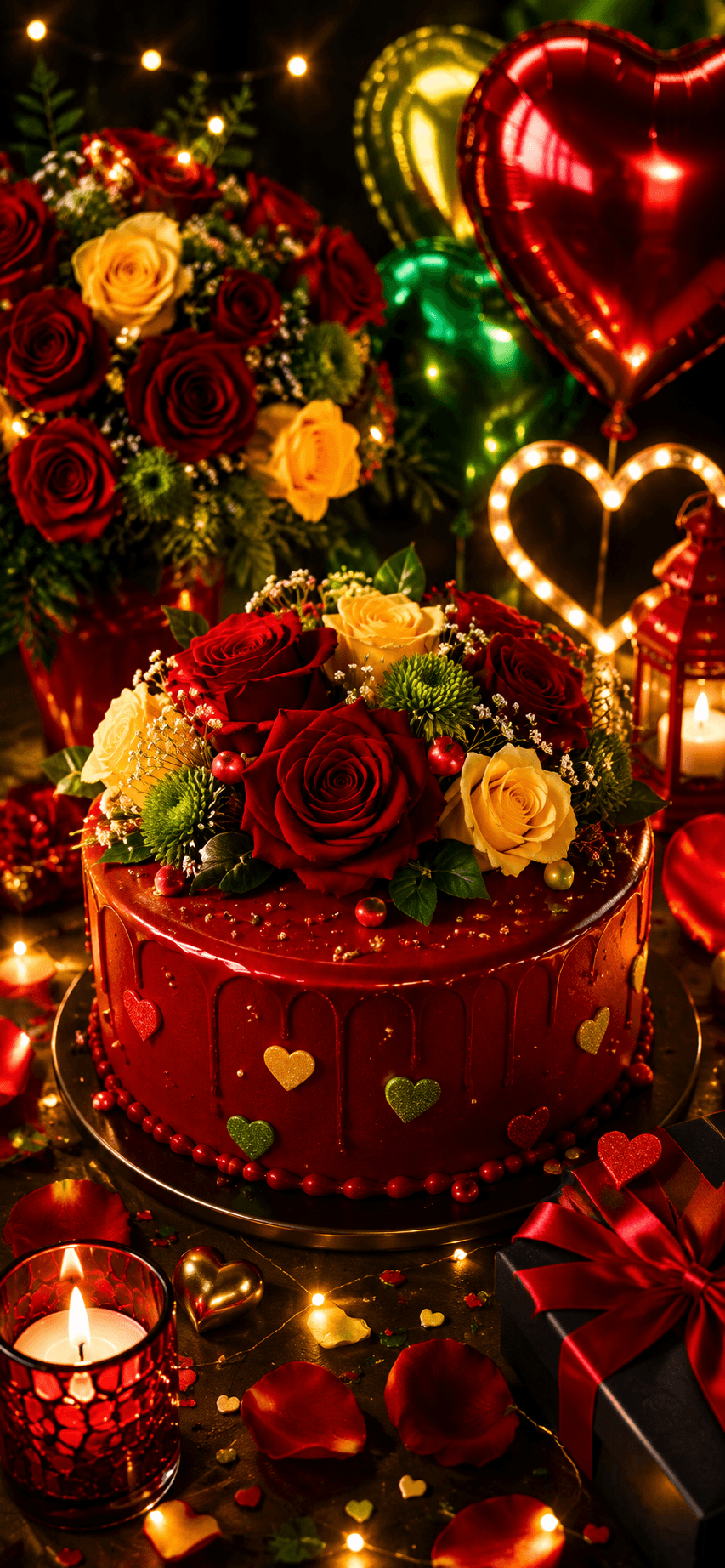 Red yellow and green romantic birthday cake with roses, hearts, candles, balloons, fairy lights, and gift in a vibrant celebration setting