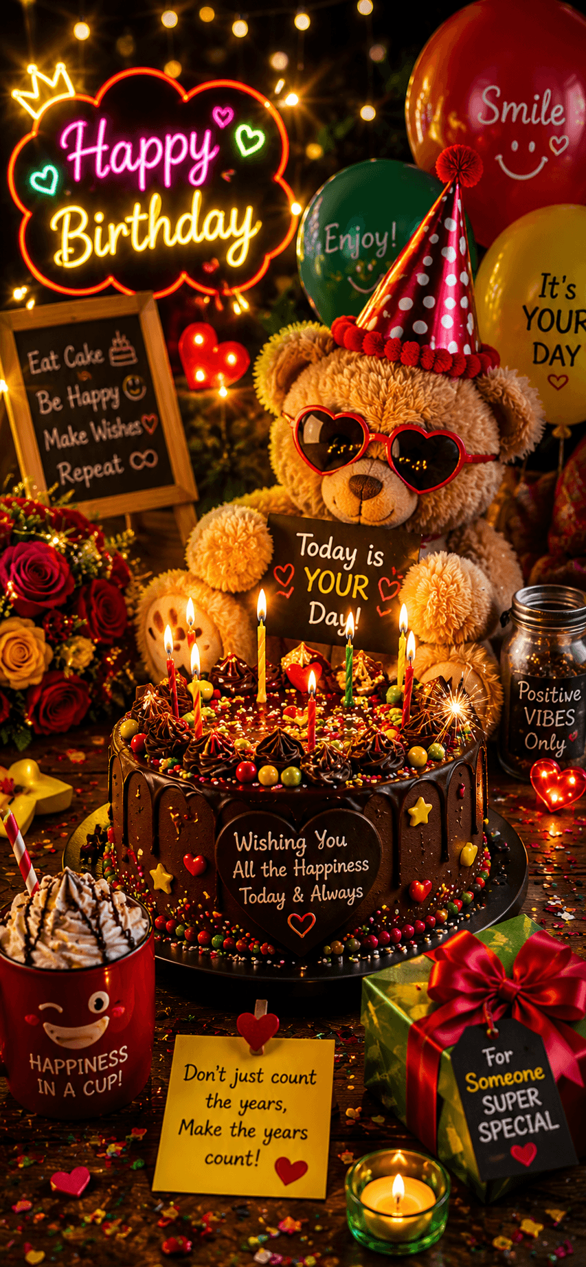 Fun birthday celebration with cute teddy bear, chocolate cake, colorful balloons, flowers, gifts, hearts, and festive decorations