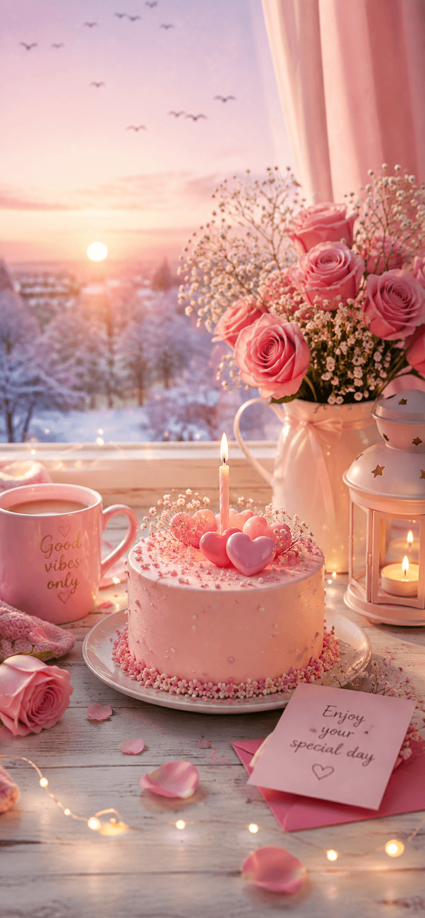 Soft pink winter morning birthday scene with pink cake, roses, candle, warm tea, snowy landscape, and sunrise