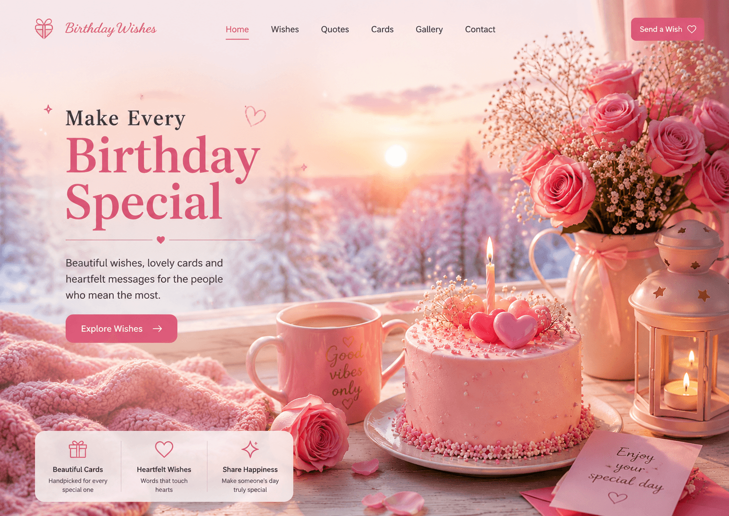 Soft pink winter morning birthday scene with pink cake, roses, candle, warm tea, snowy landscape, and sunrise