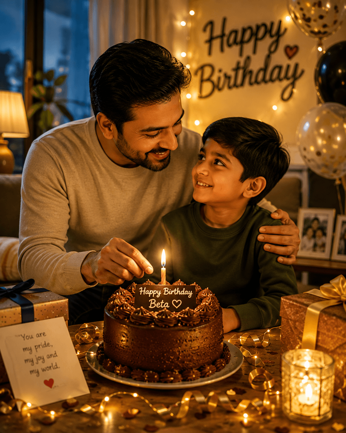 Heartfelt father and son celebrating a birthday together with chocolate cake, candle, gifts, balloons, and warm lights