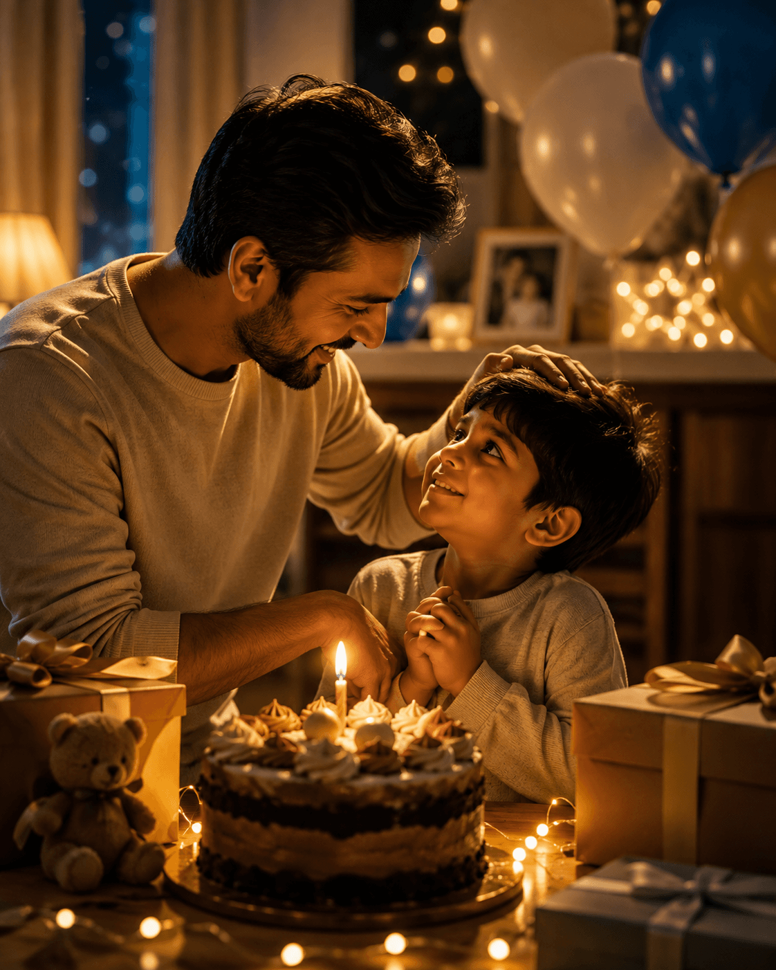 Father lovingly celebrating his son’s birthday beside a cake, gifts, balloons, and warm lights in a cozy home