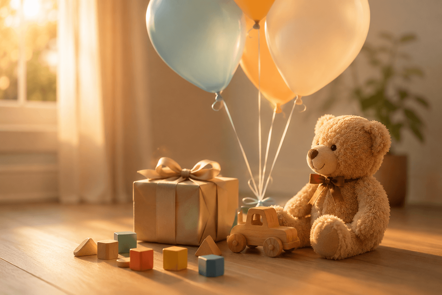 Warm birthday celebration scene with teddy bear, wooden toys, pastel balloons, gift box, and soft morning sunlight