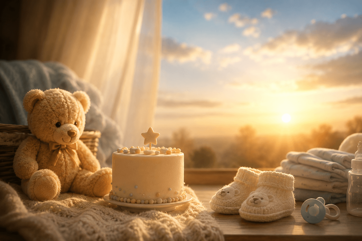 Soft sunrise birthday scene with a tiny cake, teddy bear, baby booties, and warm light symbolizing a new beginning in fatherhood
