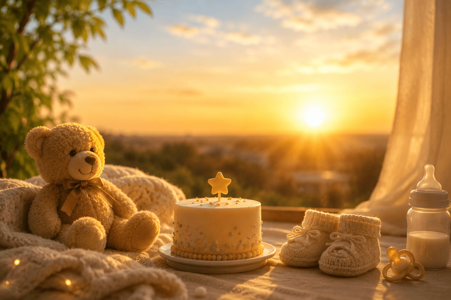 Warm sunrise scene with tiny birthday cake, teddy bear, baby booties, milk bottle, and pacifier symbolizing the joy of new fatherhood