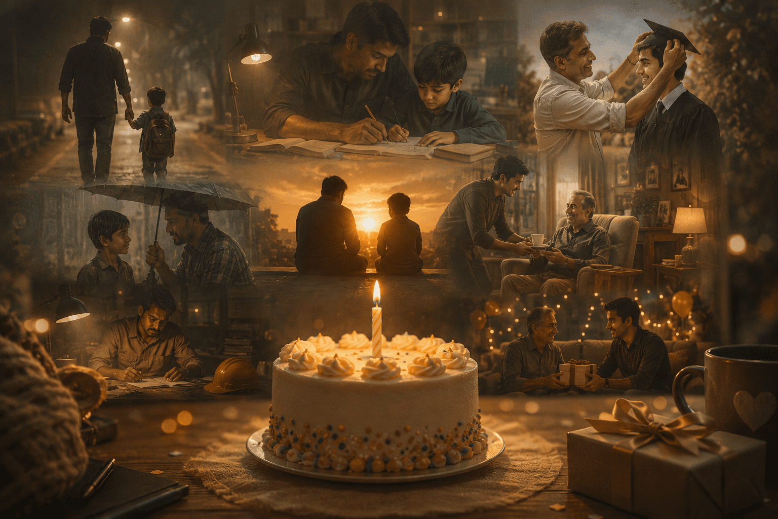 Emotional father and son birthday image showing their journey from childhood struggles and sacrifices to love, success, happiness, and mutual support