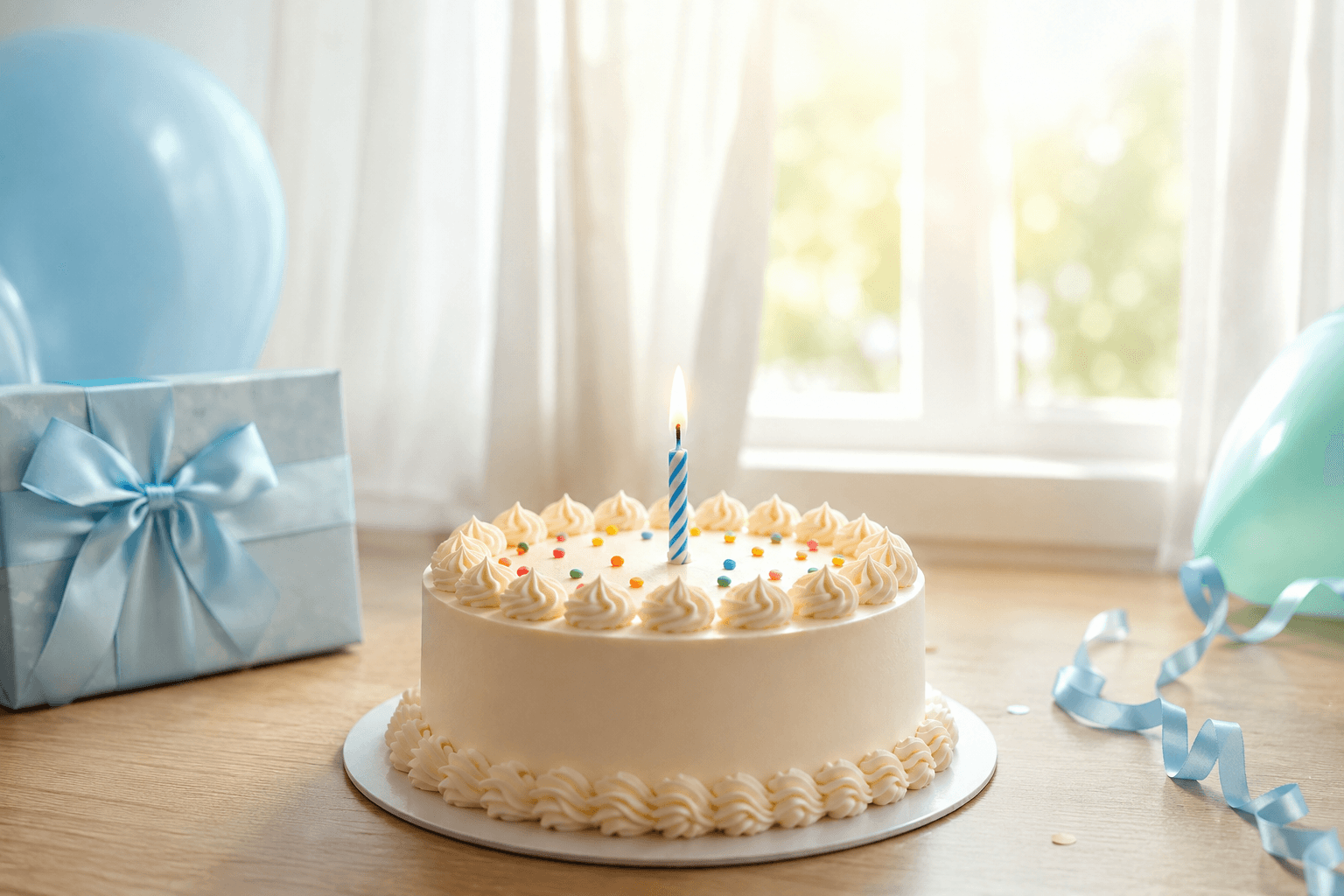 Simple white birthday cake with a single candle, blue balloons, gift box, and soft natural light