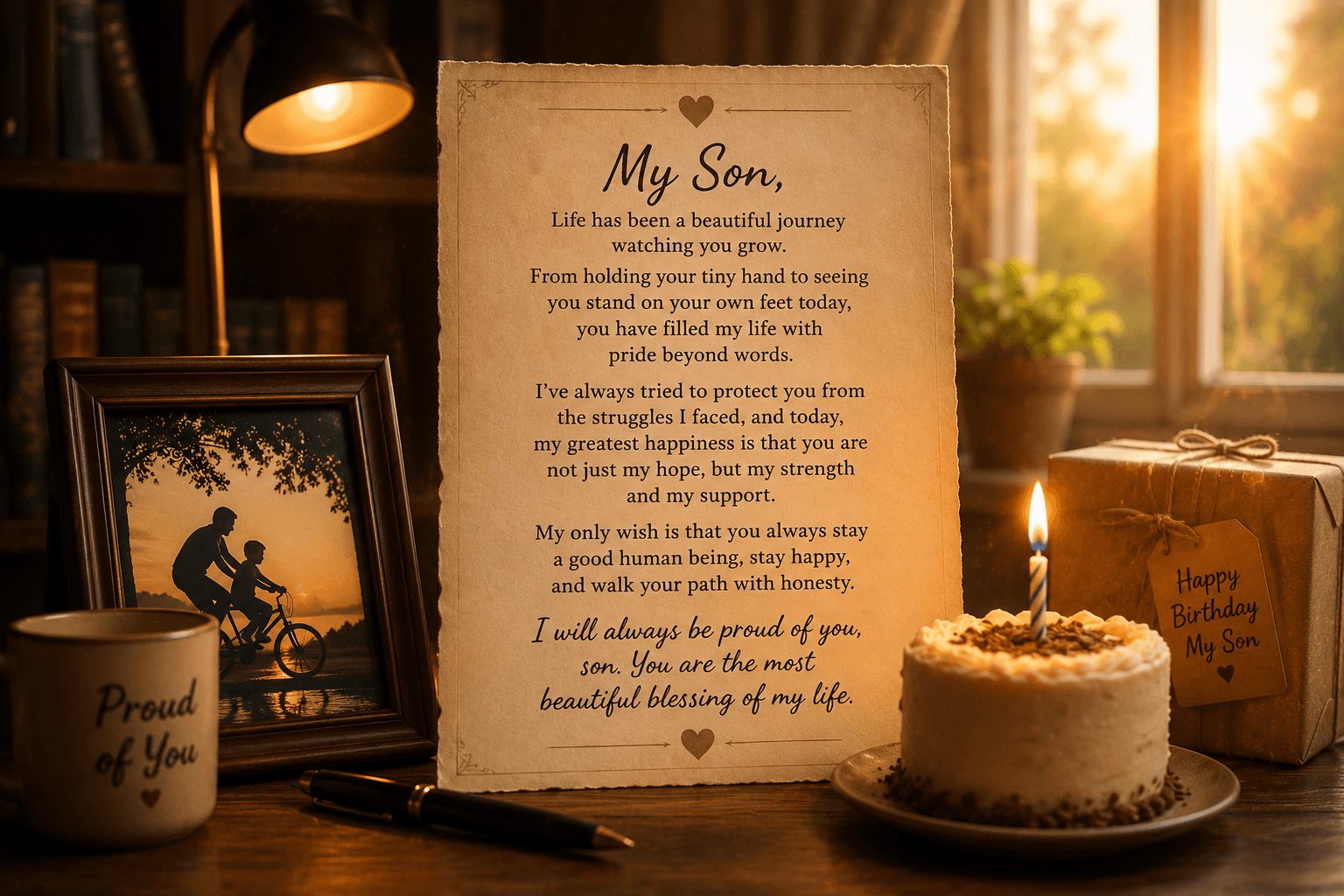 Heartfelt father and son birthday image showing a father’s love, sacrifices, childhood memories, pride, and family bond