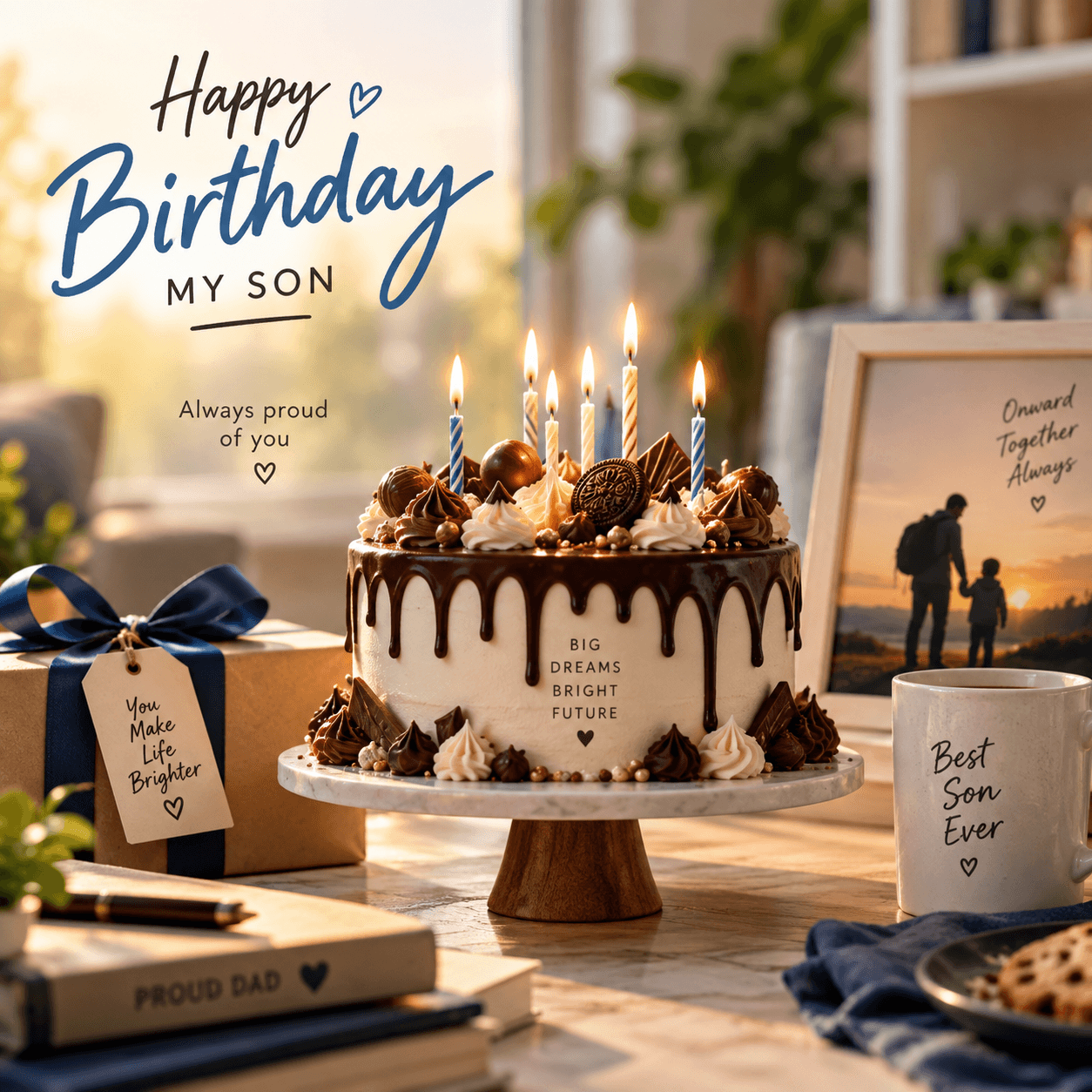 FatherтАЩs birthday wish for his son with a chocolate birthday cake, glowing candles, gift box, and warm father-son memories
