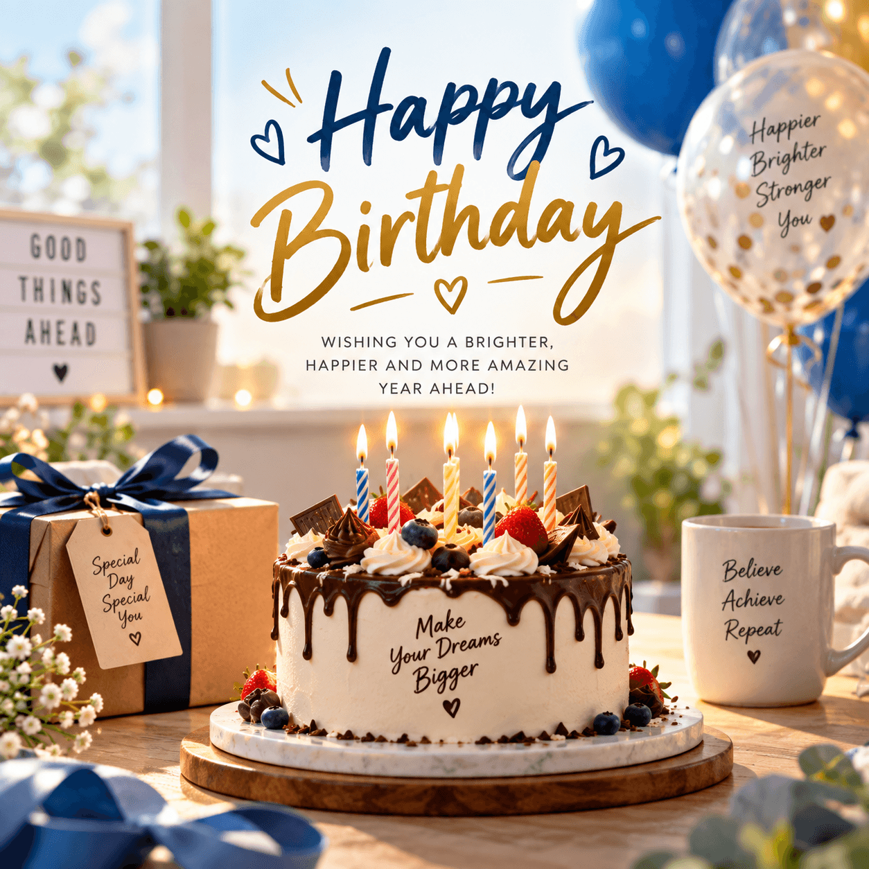 Happy birthday image with chocolate cake, glowing candles, balloons, gift box, flowers, and warm natural light