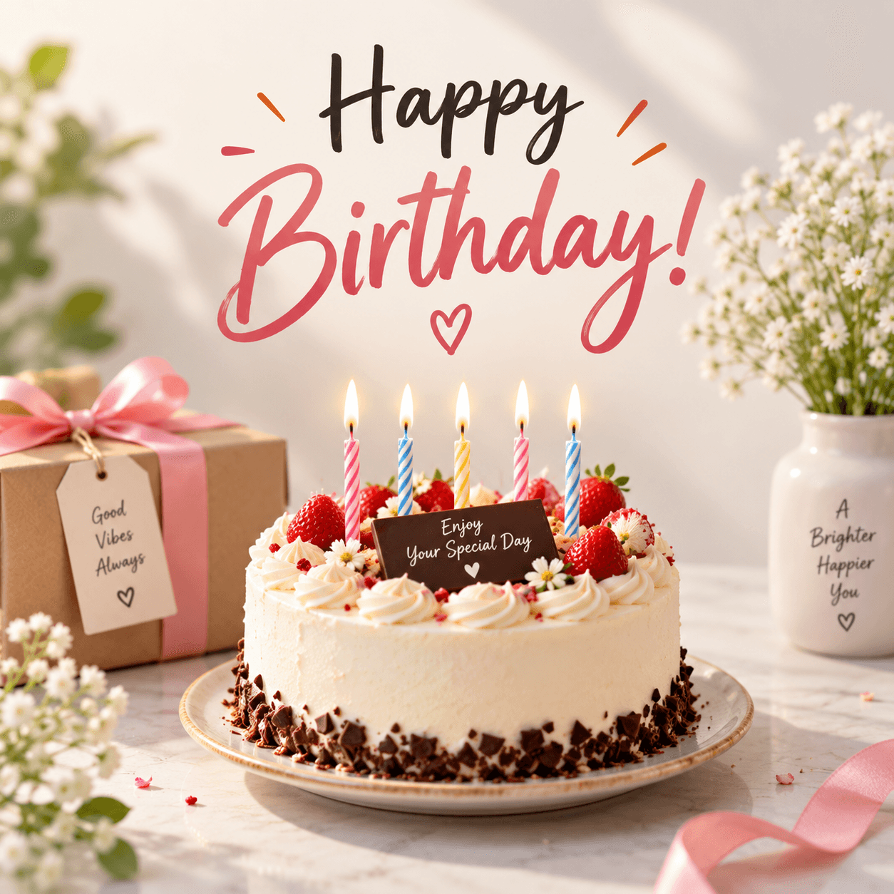 Beautiful birthday cake with strawberries, colorful candles, pink gift box, flowers, and balloons