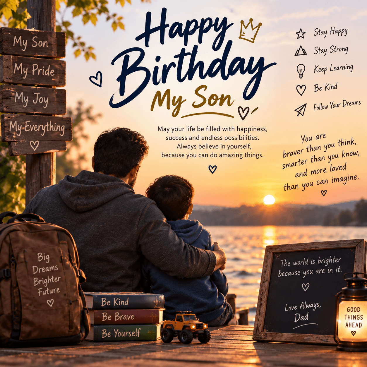 Heartfelt happy birthday image from a father to his son with father-son love, pride, and warm sunset memories