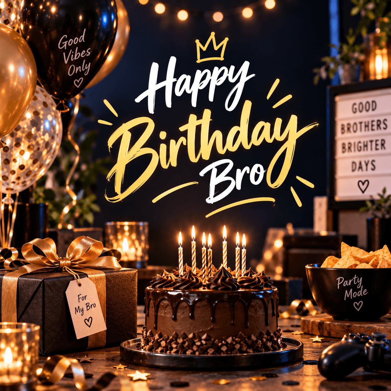 Happy Birthday Bro image with chocolate birthday cake, candles, balloons, gifts, and stylish party decorations