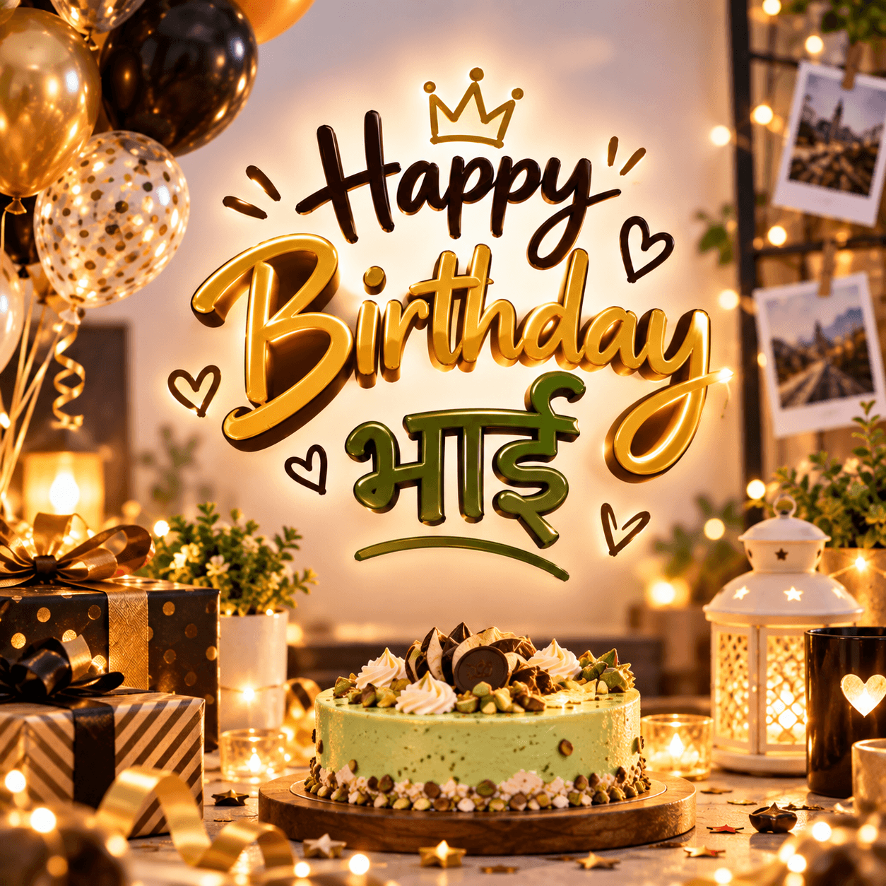 बहन की ओर से भाई के लिए Happy Birthday शुभकामना, पिस्ता ग्रीन कसाटा केक, मोमबत्ती, उपहार और हल्की रोशनी के साथ