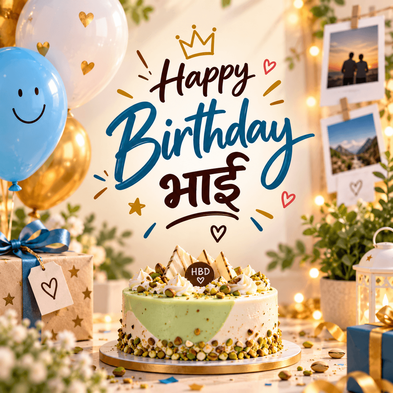 Happy Birthday Bro image with chocolate birthday cake, candles, balloons, gifts, and stylish party decorations