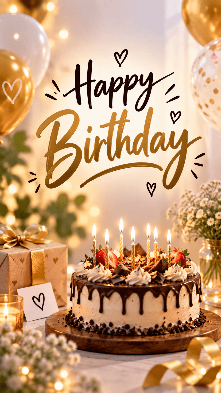 Happy Birthday image with chocolate cake, glowing candles, balloons, gifts, and elegant birthday decorations