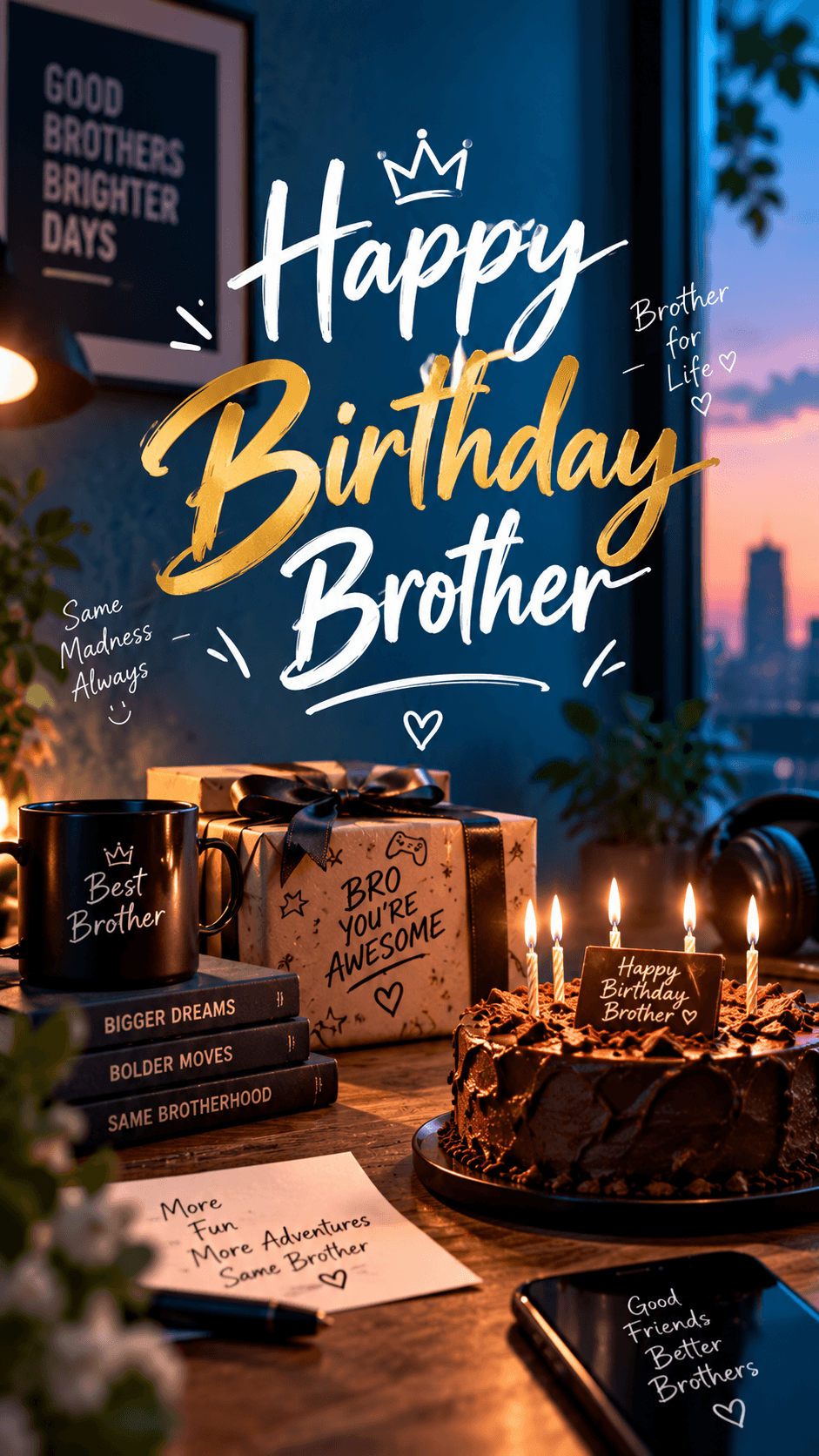 Happy Birthday Brother image with chocolate cake, candles, gifts, warm lights, and festive birthday decorations