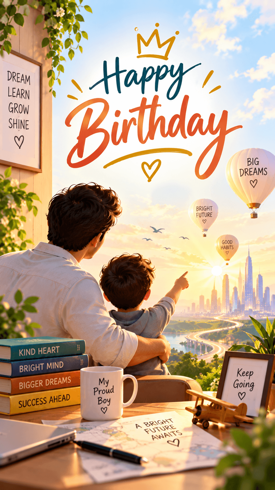 Happy Birthday Son image showing a loving father and son looking toward a bright future with dreams and success