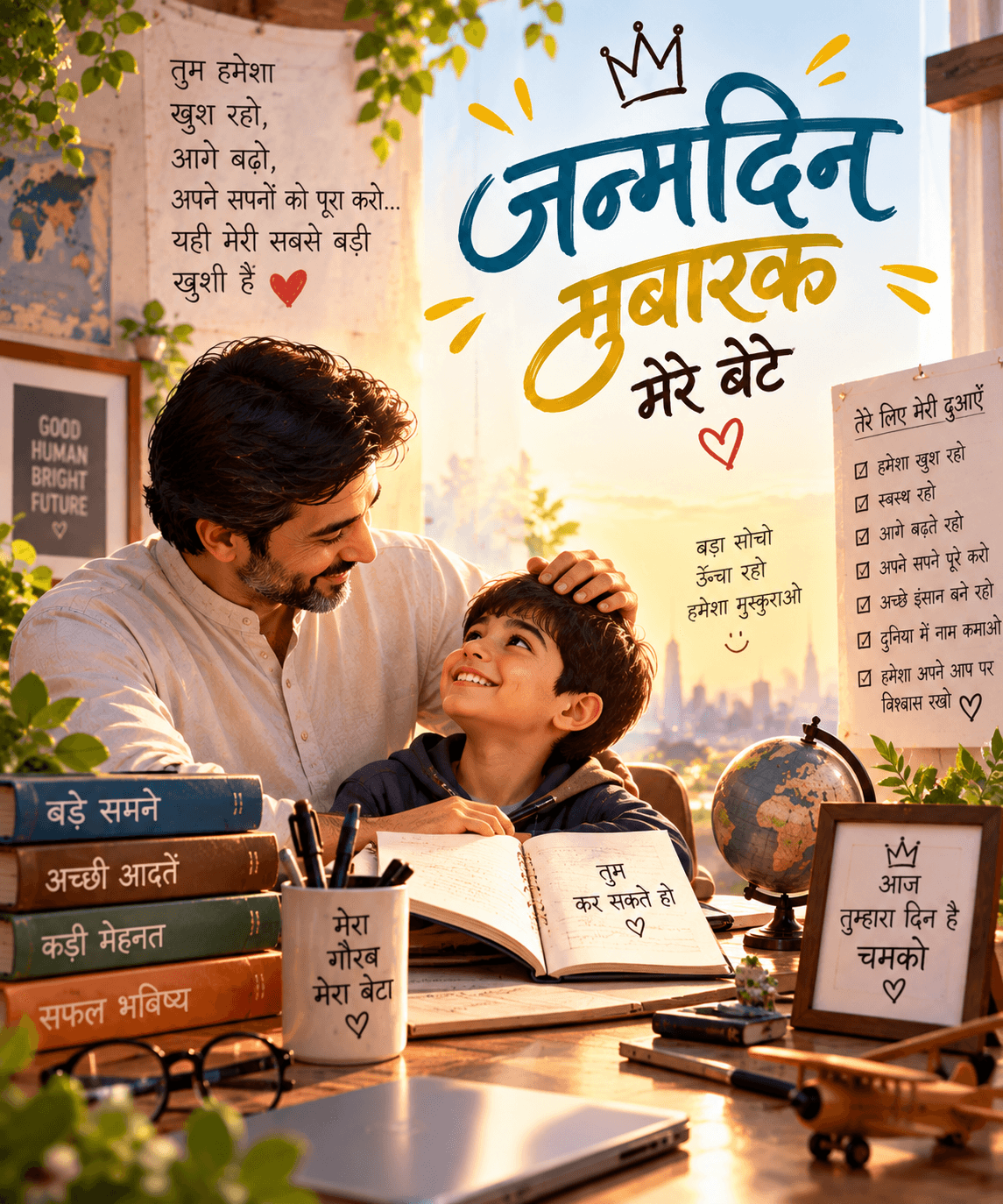 पिता द्वारा बेटे को जन्मदिन की शुभकामना देते हुए प्यार और उज्ज्वल भविष्य दर्शाती हिंदी जन्मदिन तस्वीर