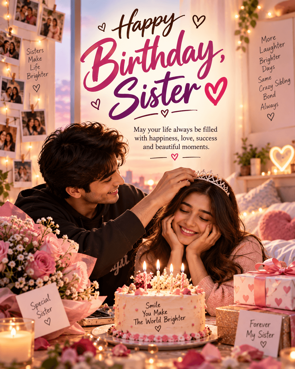 Happy Birthday Sister image showing a brother lovingly celebrating his sister with a birthday cake, flowers, gifts, and warm lights.