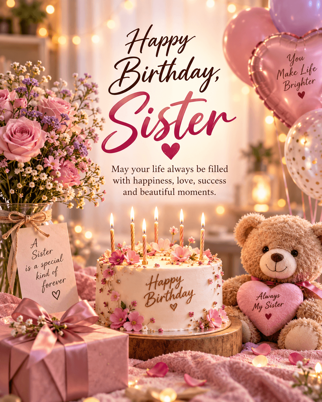 Elegant Happy Birthday Sister greeting card with pink and lavender flowers, a decorated birthday cake, balloons, glowing lights and a teddy bear holding a heart.