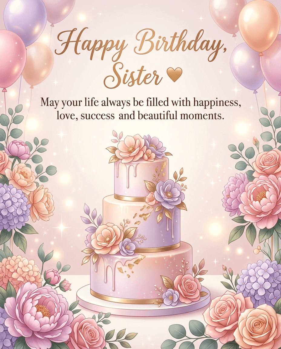 An elegant birthday card with a three-tiered cake, pastel flowers, balloons, and text reading Happy Birthday Sister with a heartfelt wish.