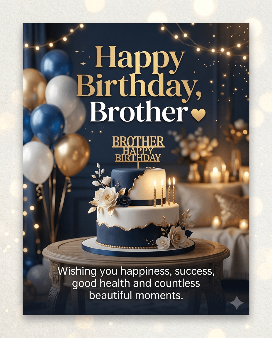 A luxurious dark blue and gold-themed digital greeting card for a brother's birthday. It shows a two-tier white and navy cake with gold flowers and four lit candles on a wooden table. To the left is a bunch of navy, gold, and white balloons. Golden fairy lights hang in the background. Prominent gold and white text reads 'Happy Birthday, Brother'. A message at the bottom wishes him happiness, success, and good health.